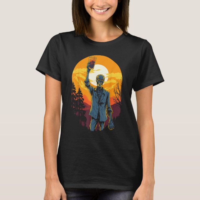 Zombie Celebrating Happy Halloween Moon Sunset T-Shirt (Front)