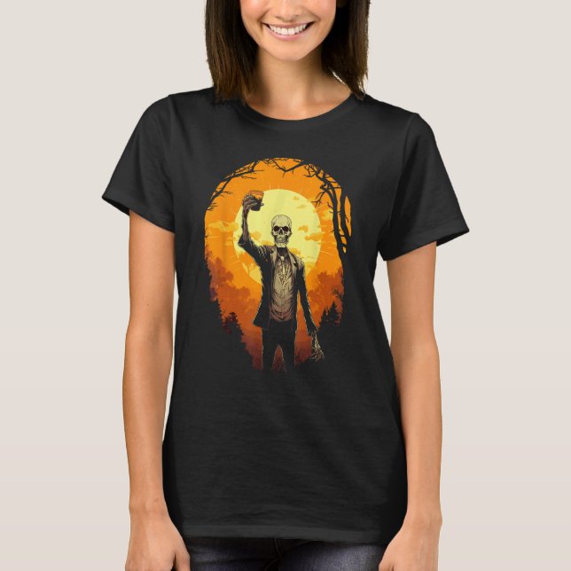 Zombie Celebrating Happy Halloween Moon Sunset T-Shirt (Front)