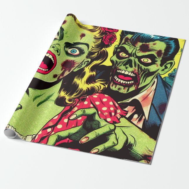 Zombie Couple Retro Comics Wrapping Paper (Unrolled)