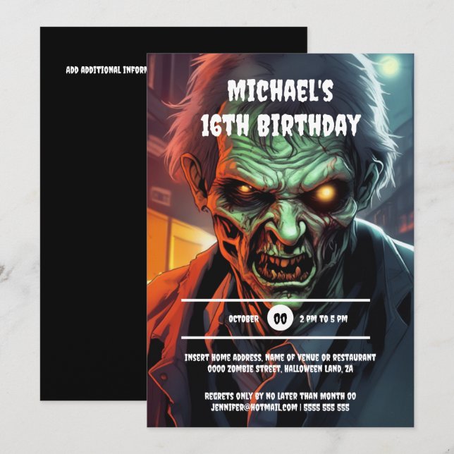 Zombie creature cartoon halloween party boys invitation (Front/Back)