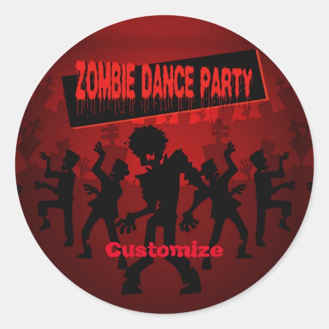 Zombie Dance Party Black & Orange Classic Round Sticker (Front)