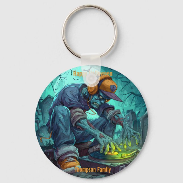 Zombie DJ Rave Halloween Party Vibes Key Ring (Front)