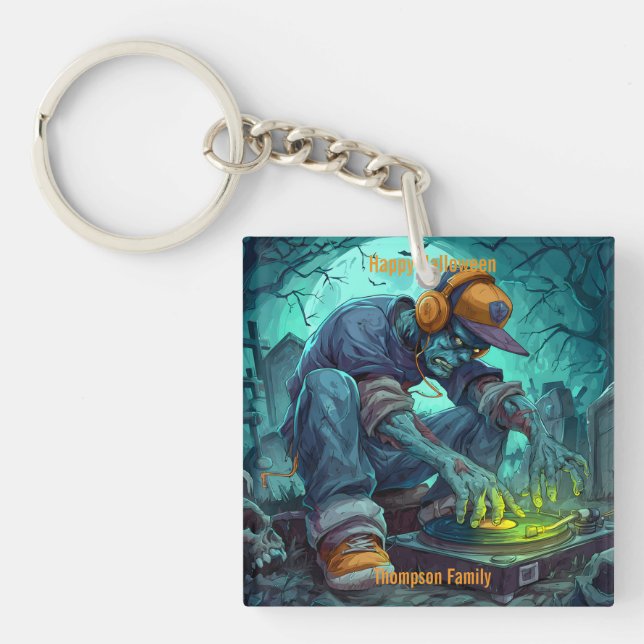 Zombie DJ Rave Halloween Party Vibes Key Ring (Front)