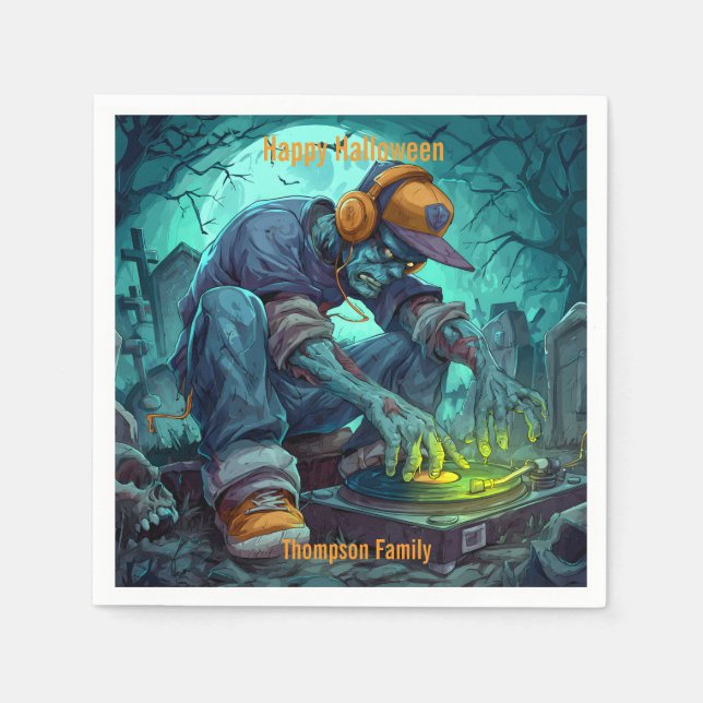 Zombie DJ Rave Halloween Party Vibes Napkin (Front)