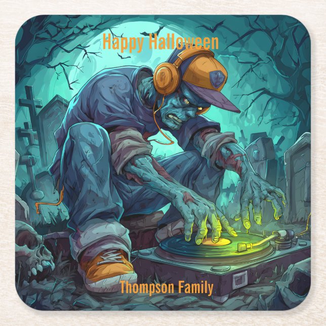 Zombie DJ Rave Halloween Party Vibes Square Paper Coaster (Front)