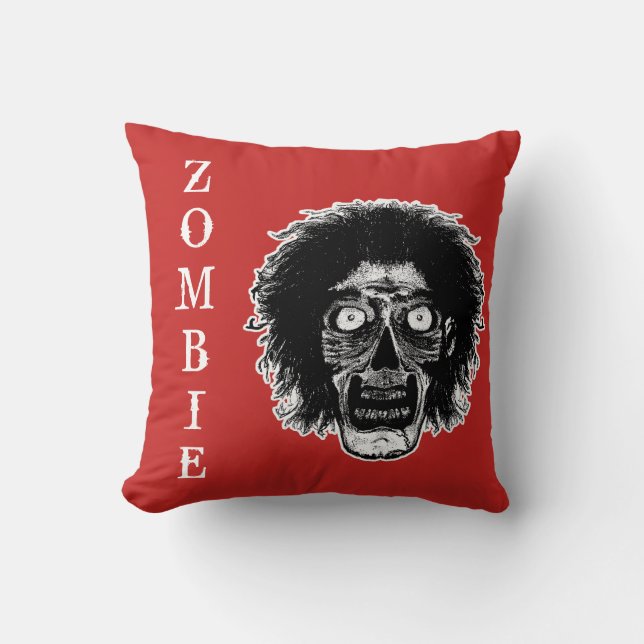 ZOMBIE -Face -Black & White On Red Cushion (Front)