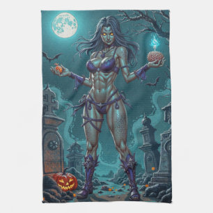 Zombie Girl Offers Halloween Treat or Brains Tea Towel