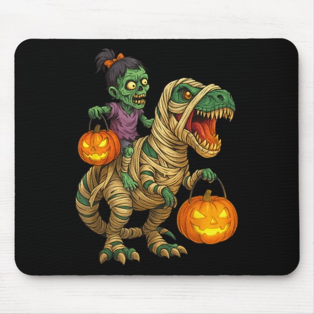 Zombie Girl Riding Mummy T Rex Halloween Kids Tric Mouse Mat (Front)