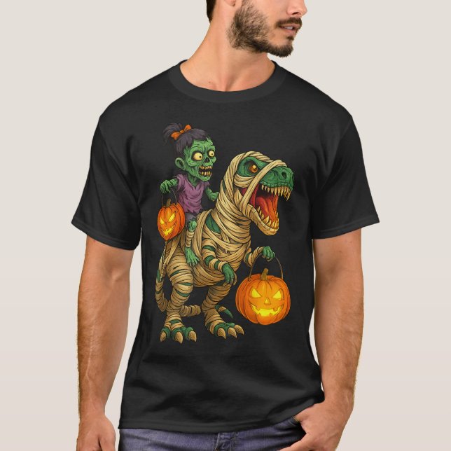 Zombie Girl Riding Mummy T Rex Halloween Kids Tric T-Shirt (Front)