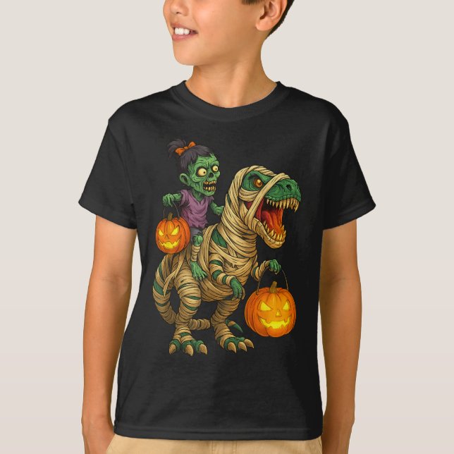Zombie Girl Riding Mummy T Rex Halloween Kids Tric T-Shirt (Front)