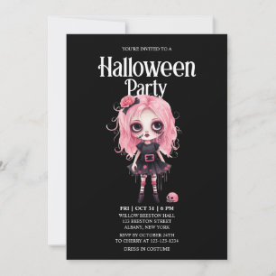 Zombie Girl Skull Pink Horror Halloween Party Invitation