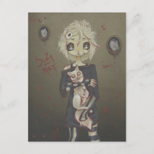 Zombie goth girl cute postcard undead cat