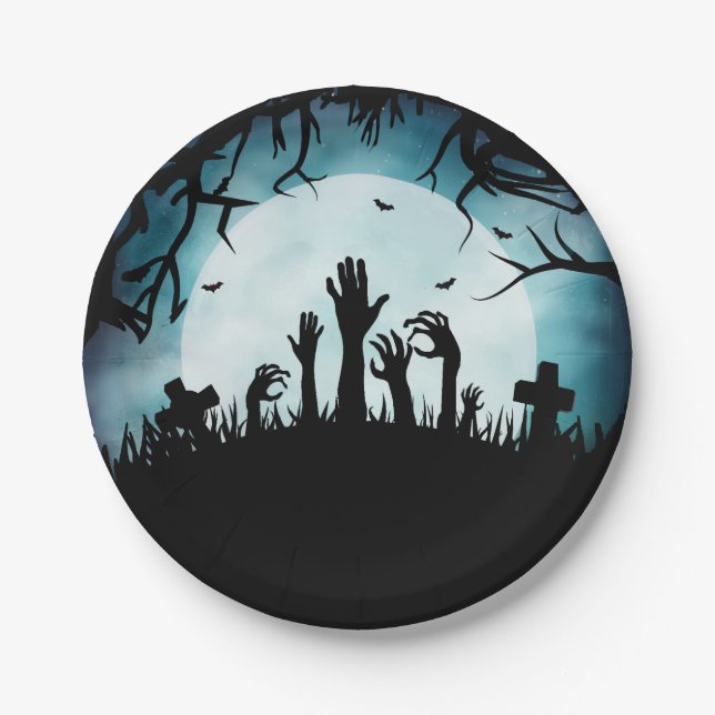 Zombie Graveyard Halloween Paper Plates (Front)