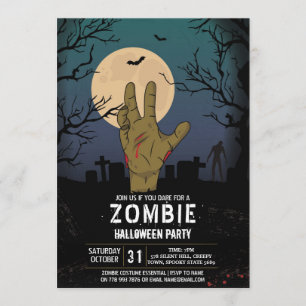 Zombie Halloween Party Apocalypse Graveyard Hand Invitation