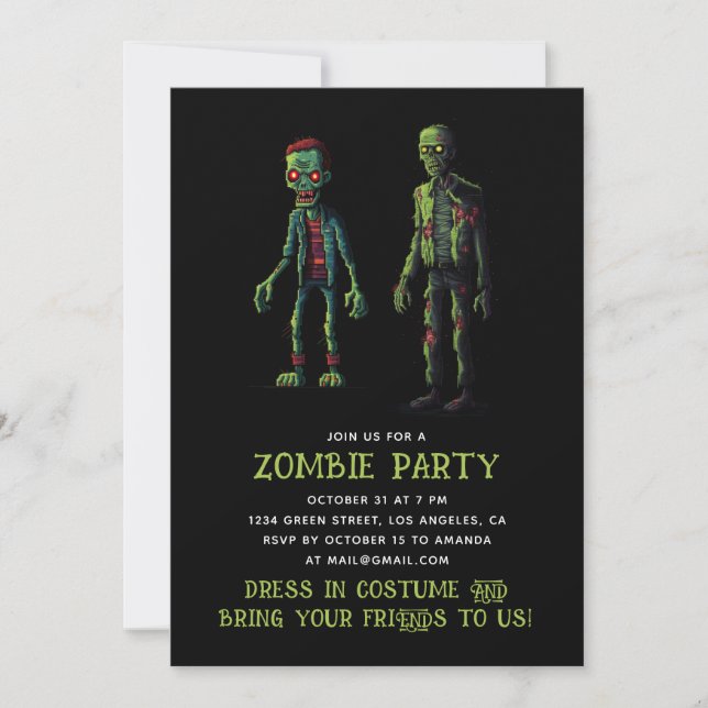 Zombie Halloween Party. Funny Spooky Green & Black Invitation (Front)