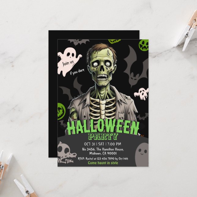 Zombie Halloween Party Ghost Bat bones Spooky Invitation (Front/Back In Situ)