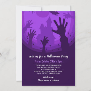 Zombie Hands Purple Castle Halloween Party Invitation