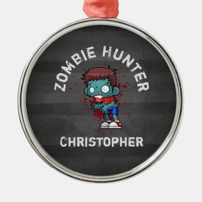 Zombie Hunter with Blood Splatter Creepy Cool Metal Tree Decoration (Front)