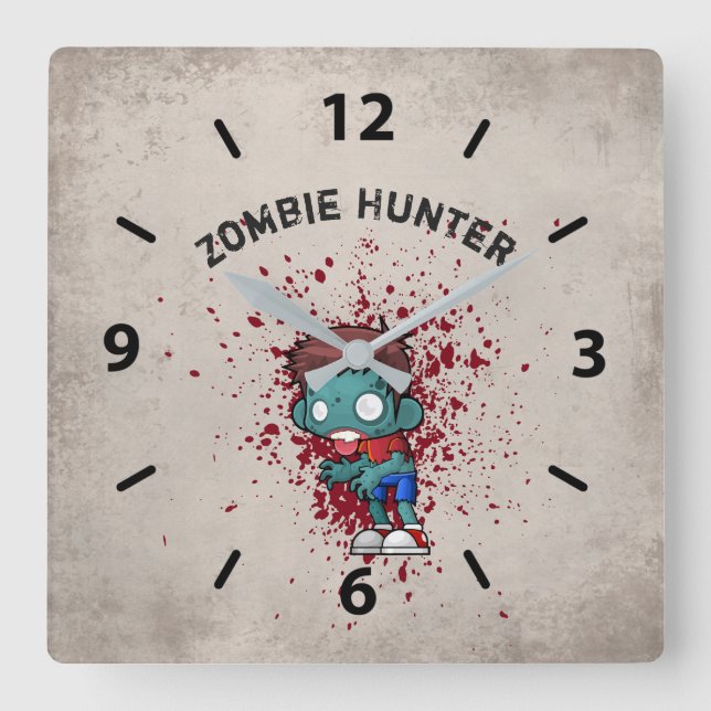Zombie Hunter with Blood Splatter Creepy Cool Square Wall Clock (Front)