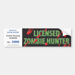 ZOMBIE Hunting License w/ blood spatters Bumper Sticker