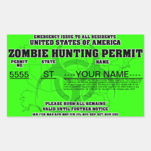 Zombie Hunting Permit (Bright Green) Rectangular Sticker