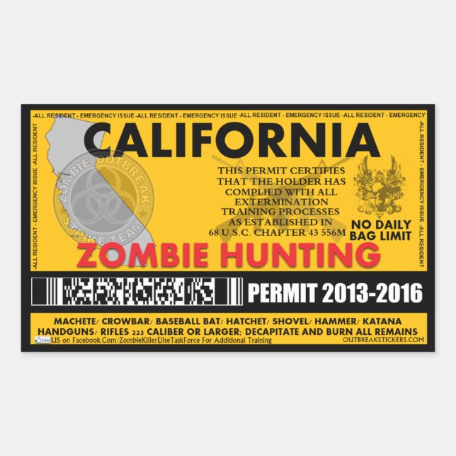 Zombie Hunting Permit California Rectangular Sticker (Front)