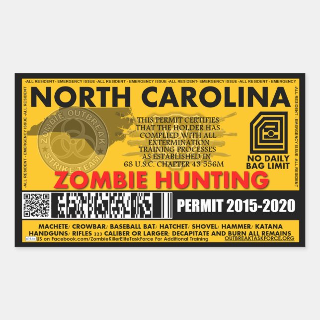 Zombie Hunting Permit North Carolina Rectangular Sticker (Front)