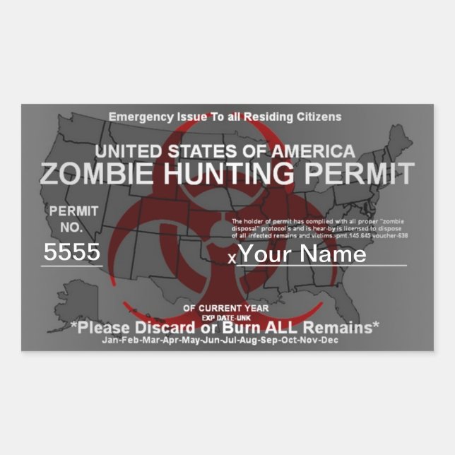 Zombie Hunting Permit Template (Red on Grey) Rectangular Sticker (Front)
