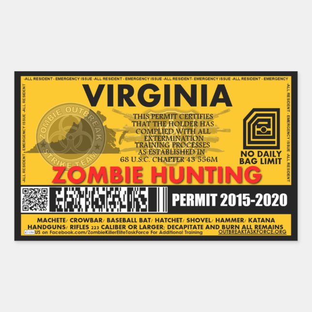 Zombie Hunting Permit Virginia Rectangular Sticker (Front)