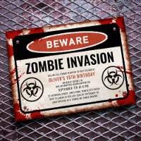 Zombie invasion party with rusty danger sign