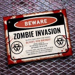 Zombie invasion party with rusty danger sign invitation