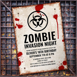 Zombie invasion with blood stains and rusty sign invitation
