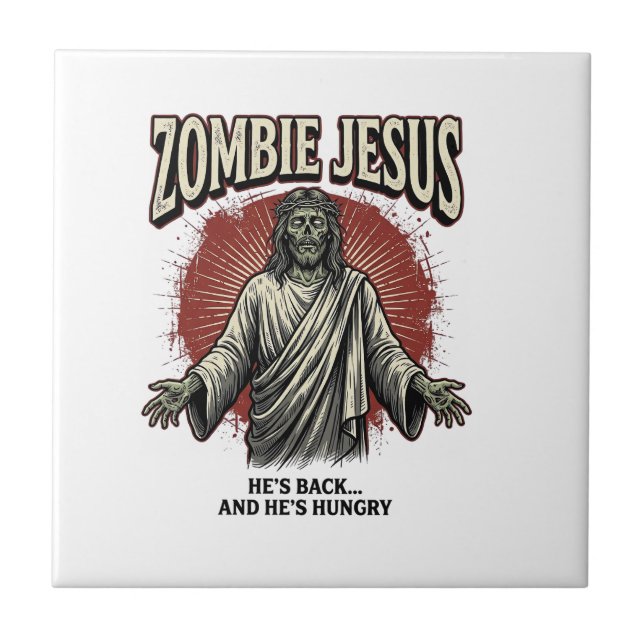Zombie Jesus Vintage Engraving Funny Shirt Design_ Tile (Front)
