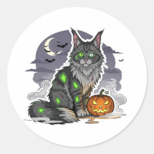 Zombie Maine Coon – Spooky Halloween Cat  Classic Round Sticker