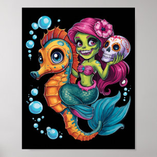Zombie Mermaid Halloween Costume Spooky Trick Or Poster