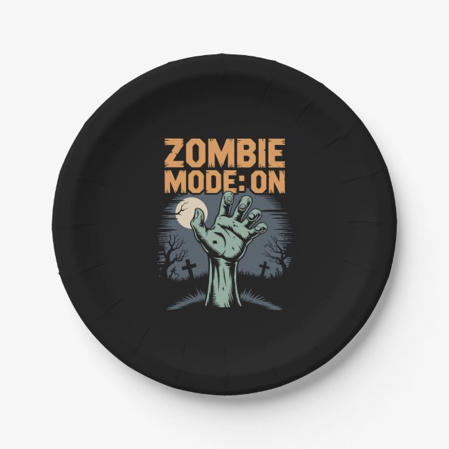 Zombie Mode On Scary Halloween T shirt Paper Plate (Front)