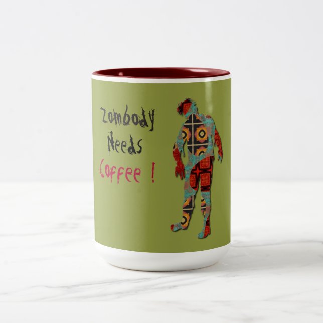 Zombie Needs Coffee Two-Tone Coffee Mug (Center)