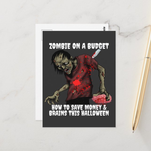 Zombie On A Budget Halloween Postcard (Front/Back In Situ)