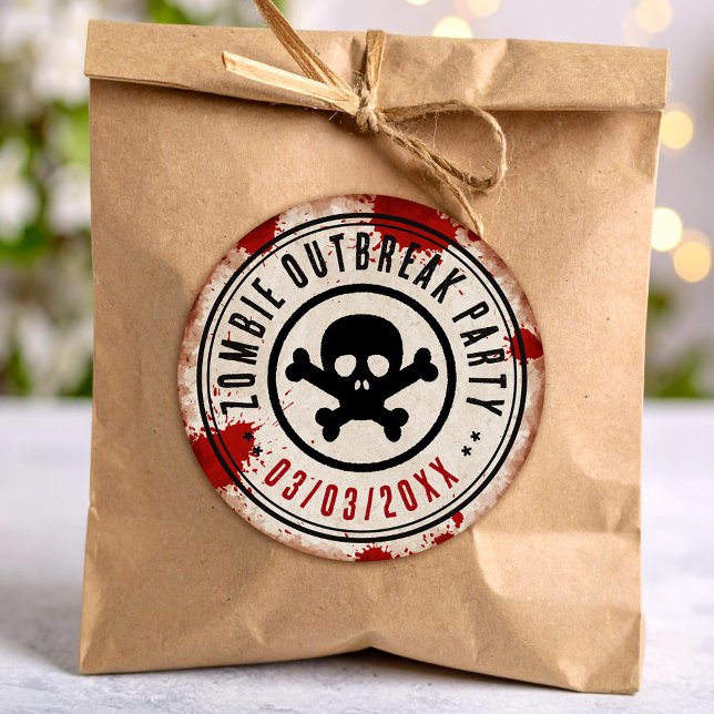 Zombie outbreak party with skull classic round sticker (Creator Uploaded)