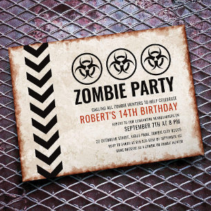 Zombie party invitation card with biohazard symbol
