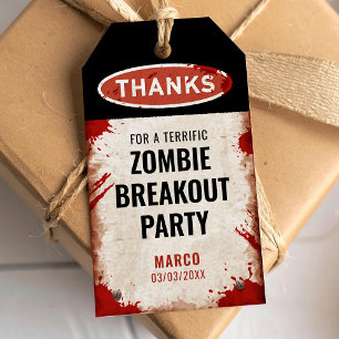 Zombie party thank you with a rusty sign and blood gift tags