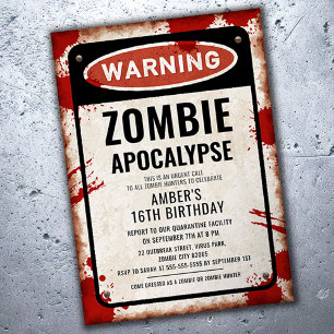 Zombie party with WARNING sign and blood stains Invitation