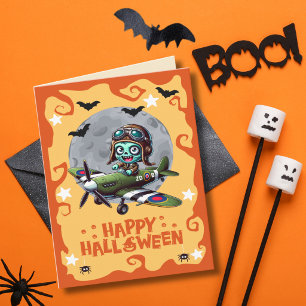 Zombie Pilot Flying Spitfire Aeroplane Bats Kids Holiday Card