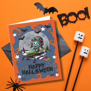 Zombie Pilot Flying Spitfire Aeroplane Bats Kids Holiday Card