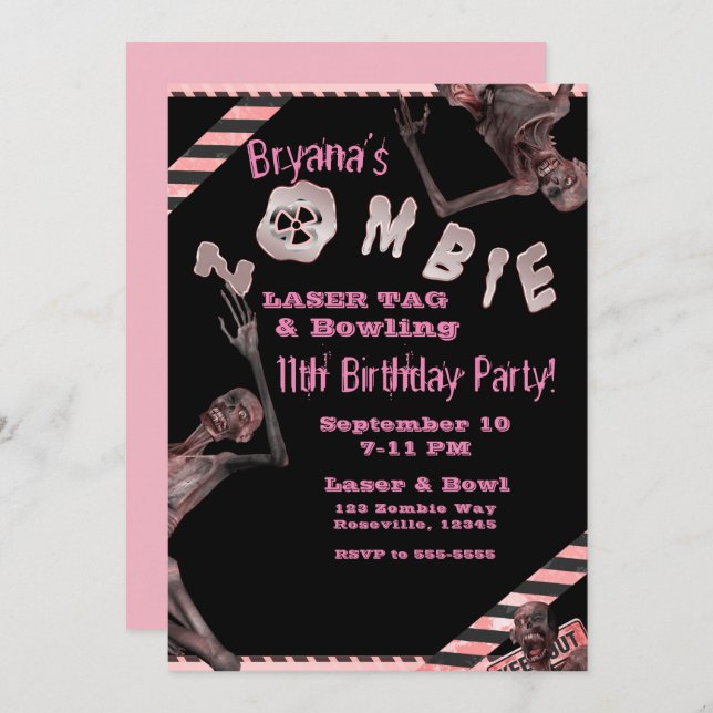 Zombie Pink & Black Girls Birthday Party Inviation Invitation (Front/Back)