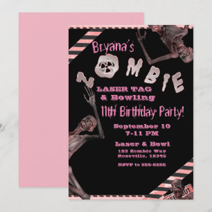 Zombie Pink & Black Girls Birthday Party Inviation Invitation