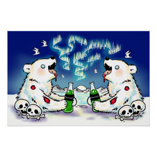 Zombie Polar Bears drinking soda, Northern Lights Poster