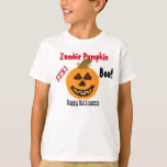 Zombie Pumpkin Halloween Boo T-Shirt<br><div class="desc">My Original Graphic Art Hand-Painted Digital Design. TamiraZDesigns © 2012, 2015. All Rights Reserved. Red Zombie Pumpkin text Halloween T-shirts. Fun, smiling Halloween Pumpkin Jack o' Lantern with Red Eyes, yellow smile with black teeth and nice big stalk. With the wording, Zombie Pumpkin, Eek, Boo, Happy Halloween. Cool Halloween shirt...</div>