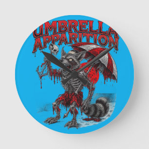 Zombie Racoon holding Skull & Umbrella Macabre Round Clock