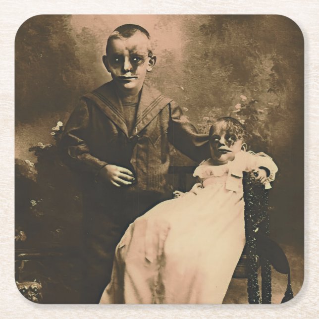 Zombie Siblings  Square Paper Coaster (Front)